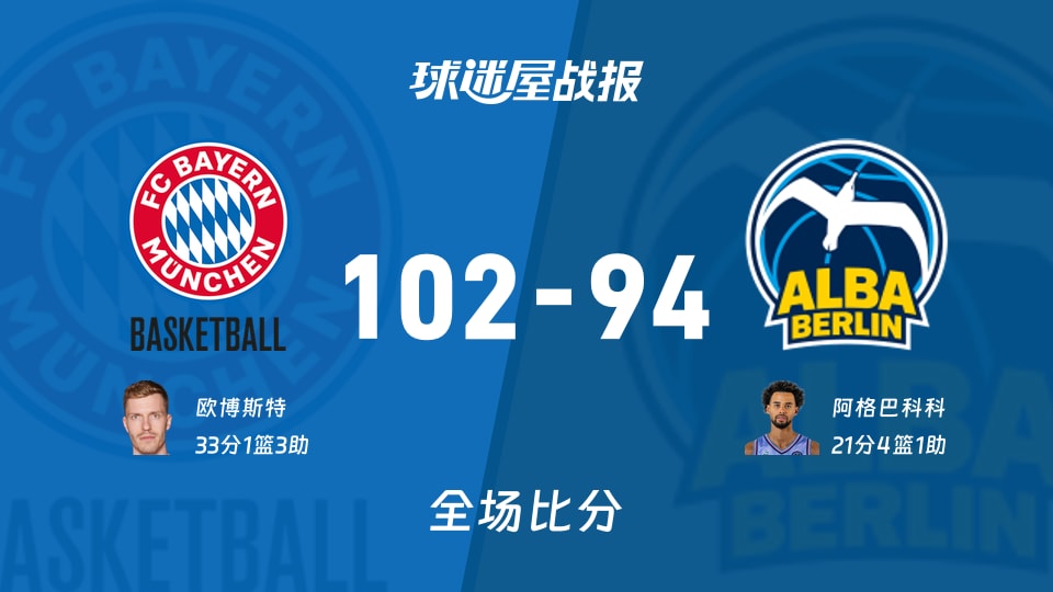 德篮甲拜仁慕尼黑vsALBA柏林战报：102-94，欧博斯特33+1+3